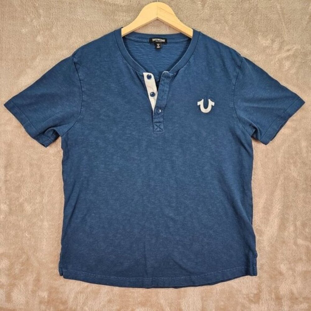 True Religion Shirt Henley Collar Embroidered Logo Short Sleeve Blue T-Shirt